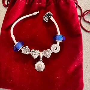 Pandora Silver Bracelet with Deep Blue Murano Beads and Heart Charms